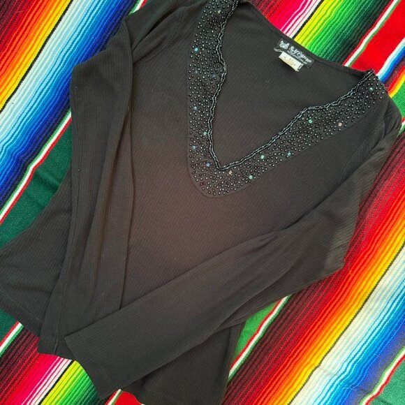 VINTAGE y2k 'SELF ESTEEM' black whimsy goth beaded ribbed long sleeve top!! - Picture 1 of 8